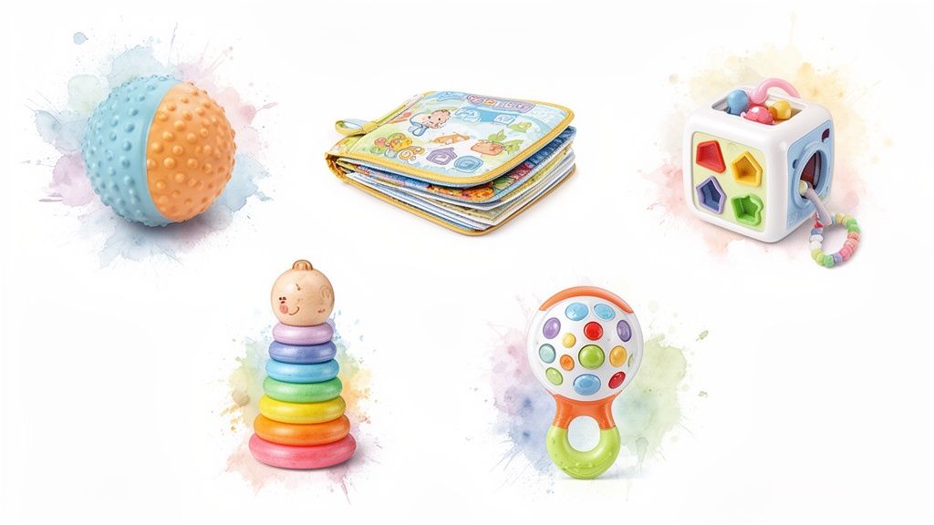 A vibrant assortment of five baby learning toys: a ball, book, shape sorter, stacking toy, and rattle.