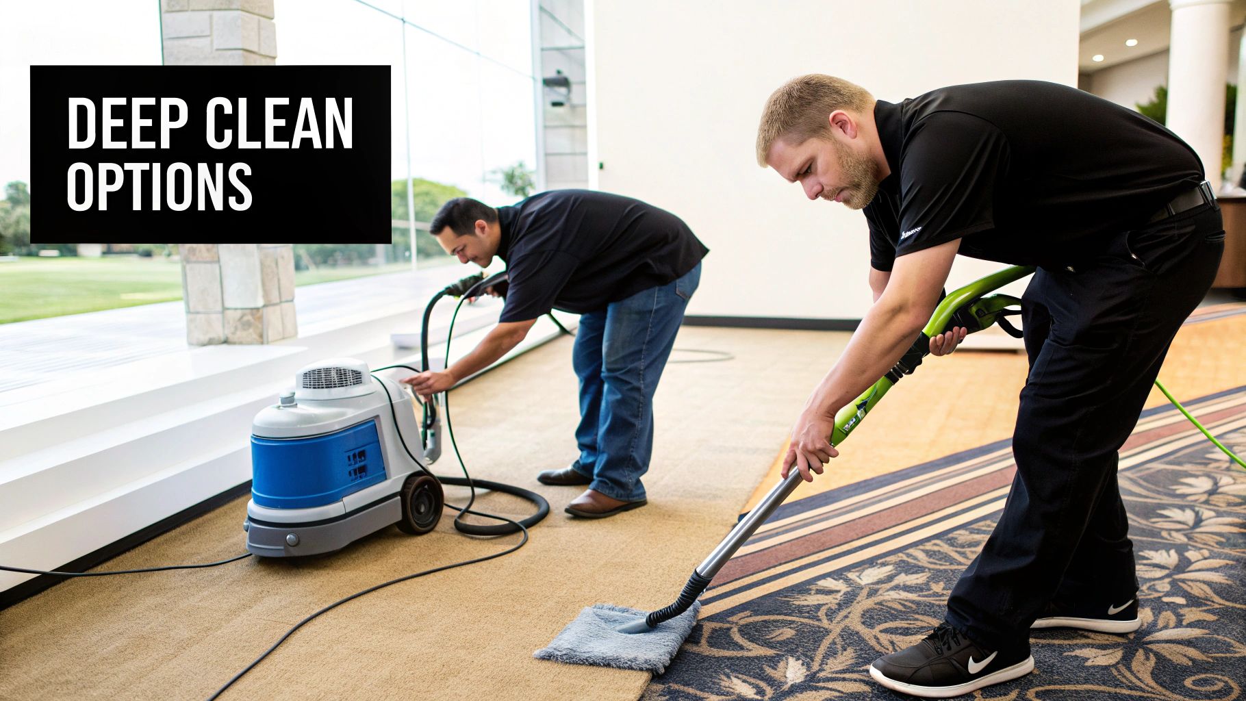 Two men professionally deep cleaning carpets in a large commercial space using specialized equipment.