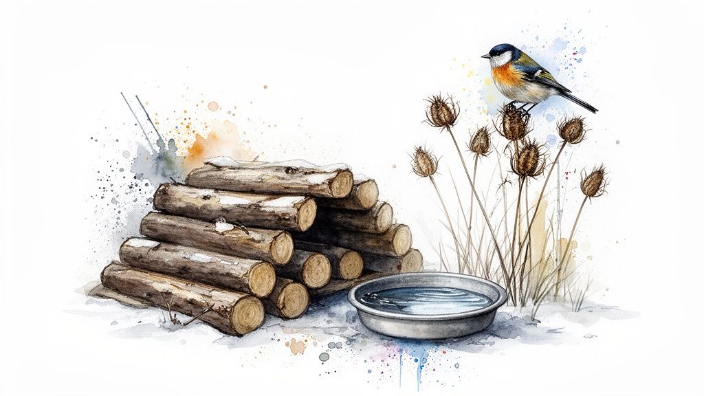 Watercolor illustration of a small bird on dried thistles, a log pile, and a water bowl in winter.