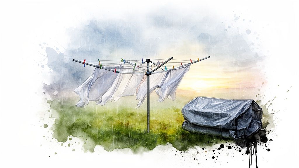Artistic watercolor illustration of laundry on a rotary clothesline in a rainy garden at sunrise.