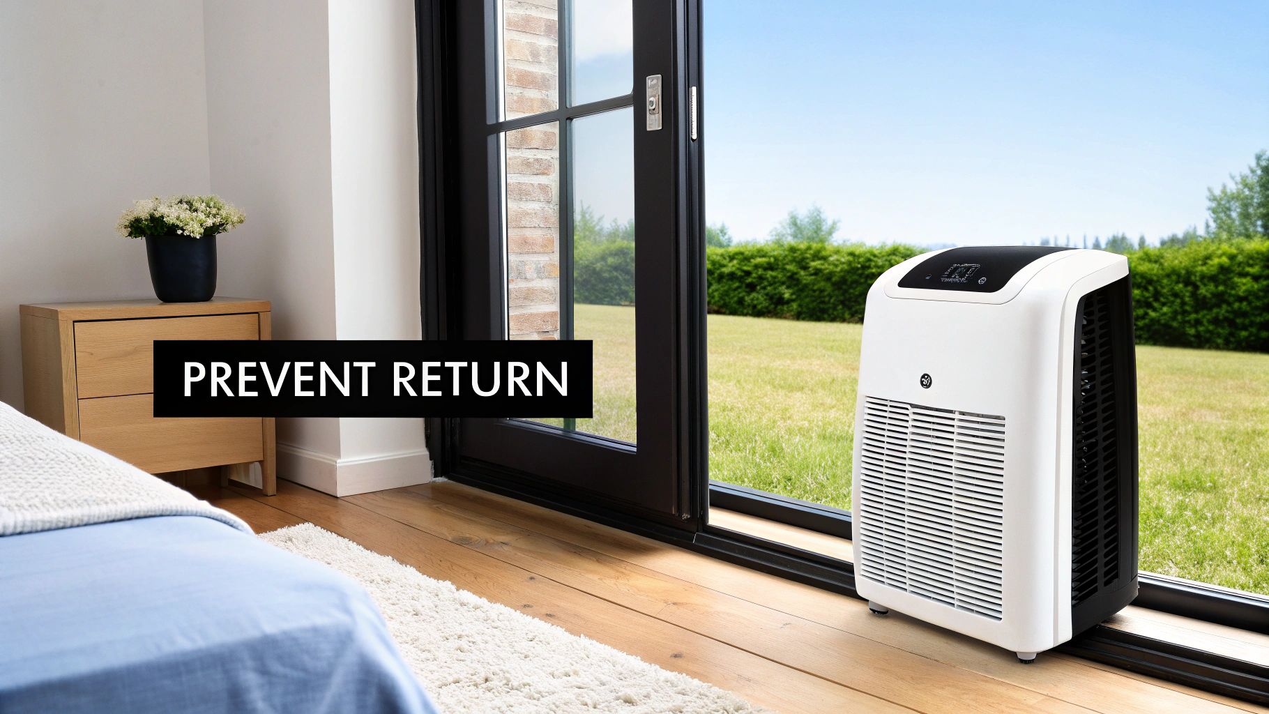 A white dehumidifier in a modern bedroom with a view of a lush green lawn, preventing mold.