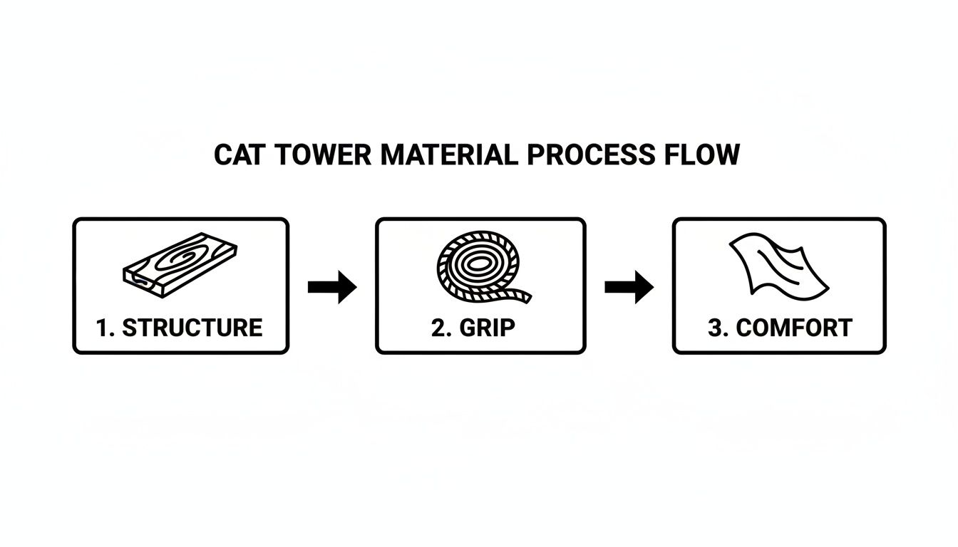 Flowchart showing cat tower material process: structure (wood), grip (rope), and comfort (fabric).
