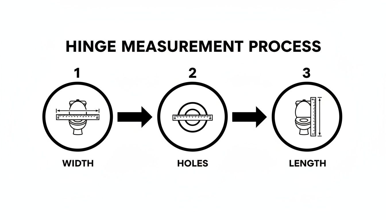 Three-step diagram illustrating how to measure toilet seat hinges: width, hole spacing, and length.