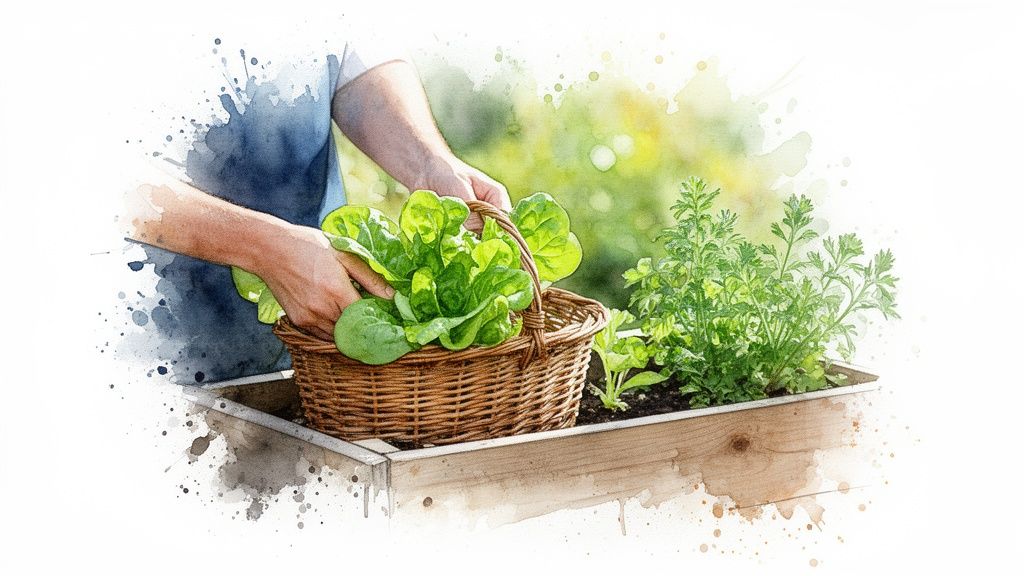 Hands harvesting fresh green lettuce into a wicker basket from a raised garden bed.
