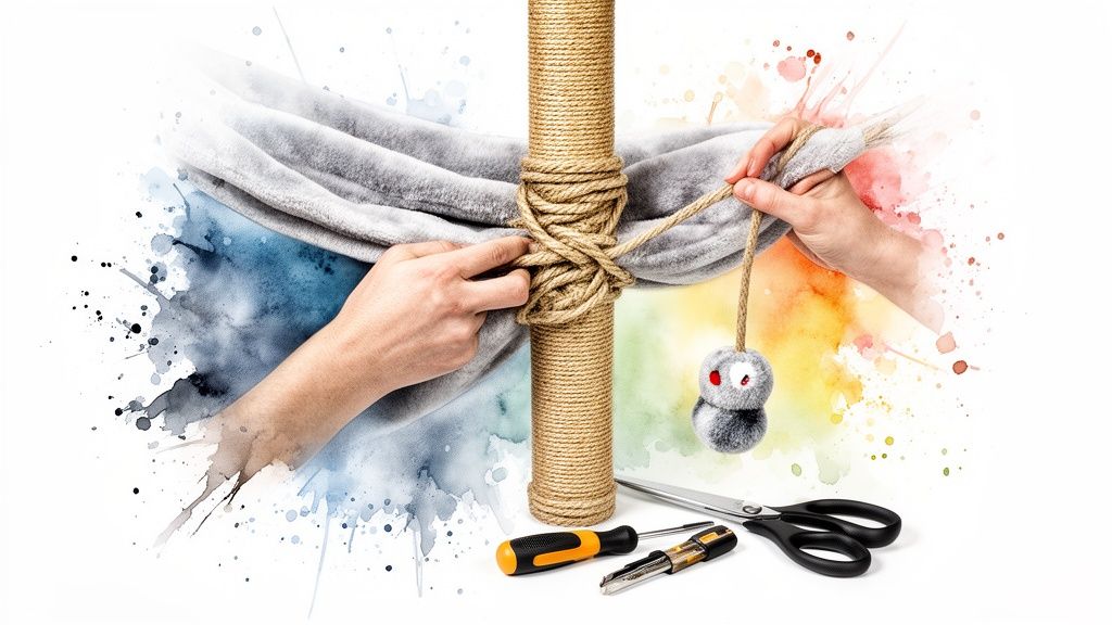 Hands crafting a DIY cat scratching post with sisal rope, a soft blanket, and toy.