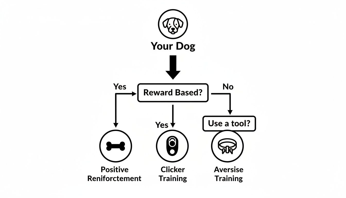 A flowchart illustrating dog training methods: positive reinforcement, clicker, and aversive training.