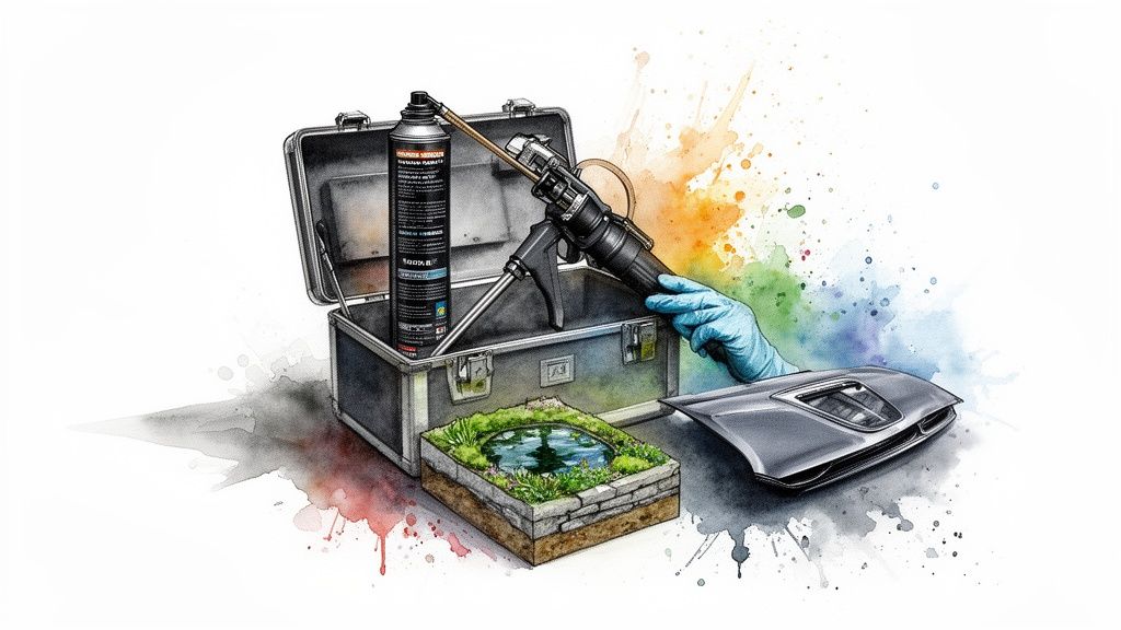 A person's gloved hand holds an expanding foam gun next to a toolbox, car part, and mini pond model.