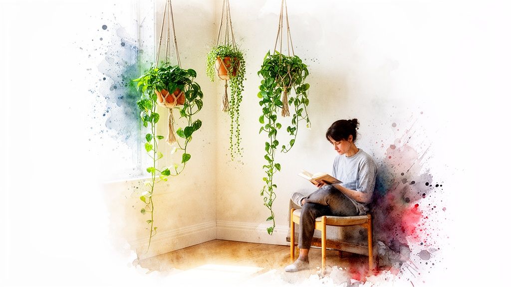 A woman reads a book while sitting on a chair, surrounded by three hanging potted plants, with a watercolor splash effect.