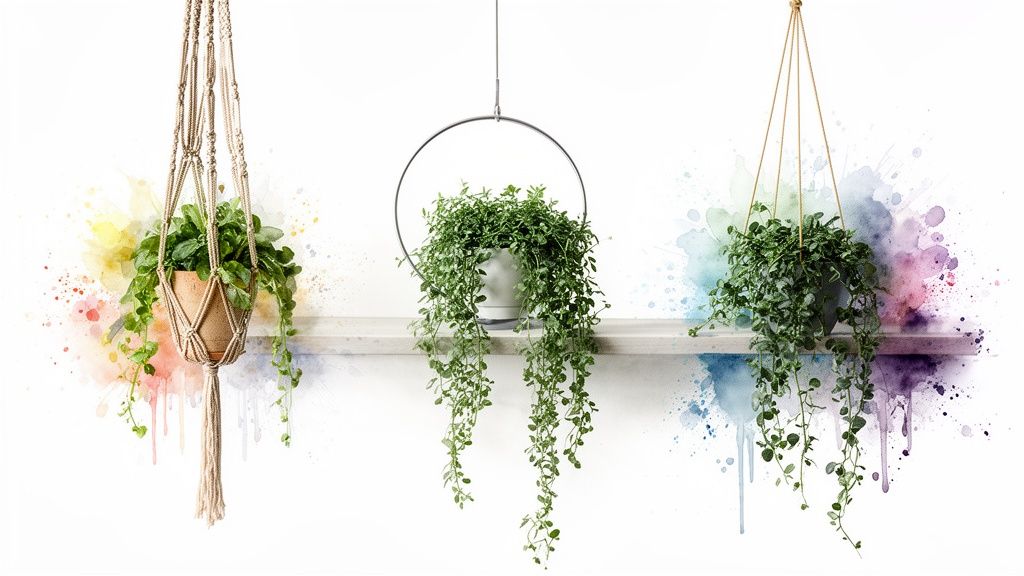 Three lush green trailing plants hanging in decorative planters with colorful watercolor splashes.