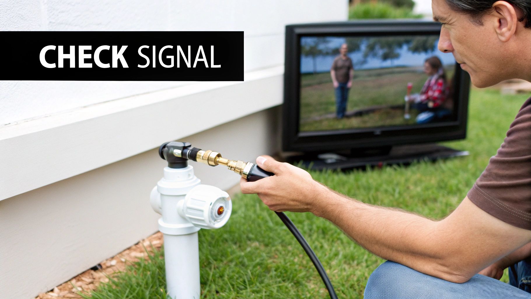 A man connects a coaxial cable to an outdoor fixture, checking the signal on a TV.
