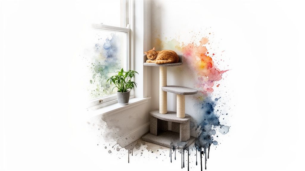An orange cat sleeps on a grey multi-level cat tree next to a window with watercolor art.