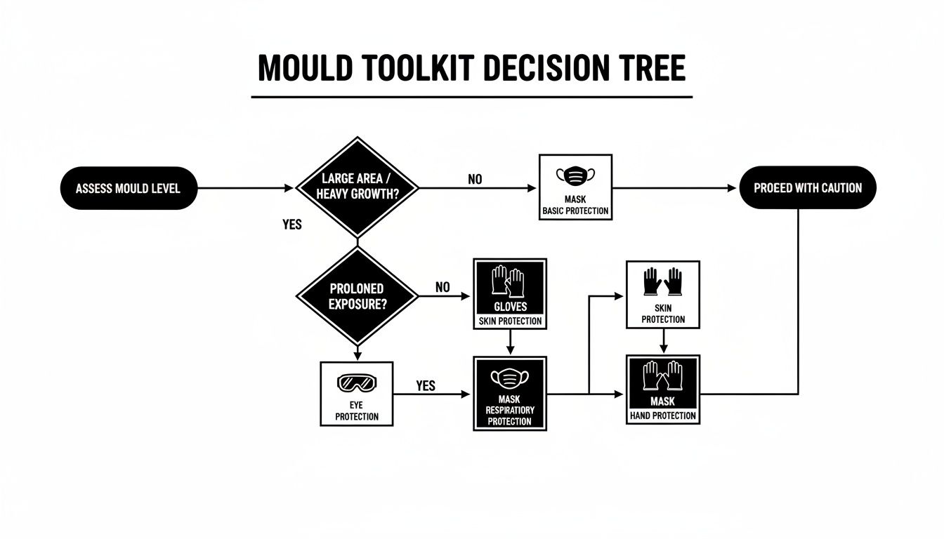 Decision tree flowchart guiding personal protective equipment for mould remediation based on growth and exposure.