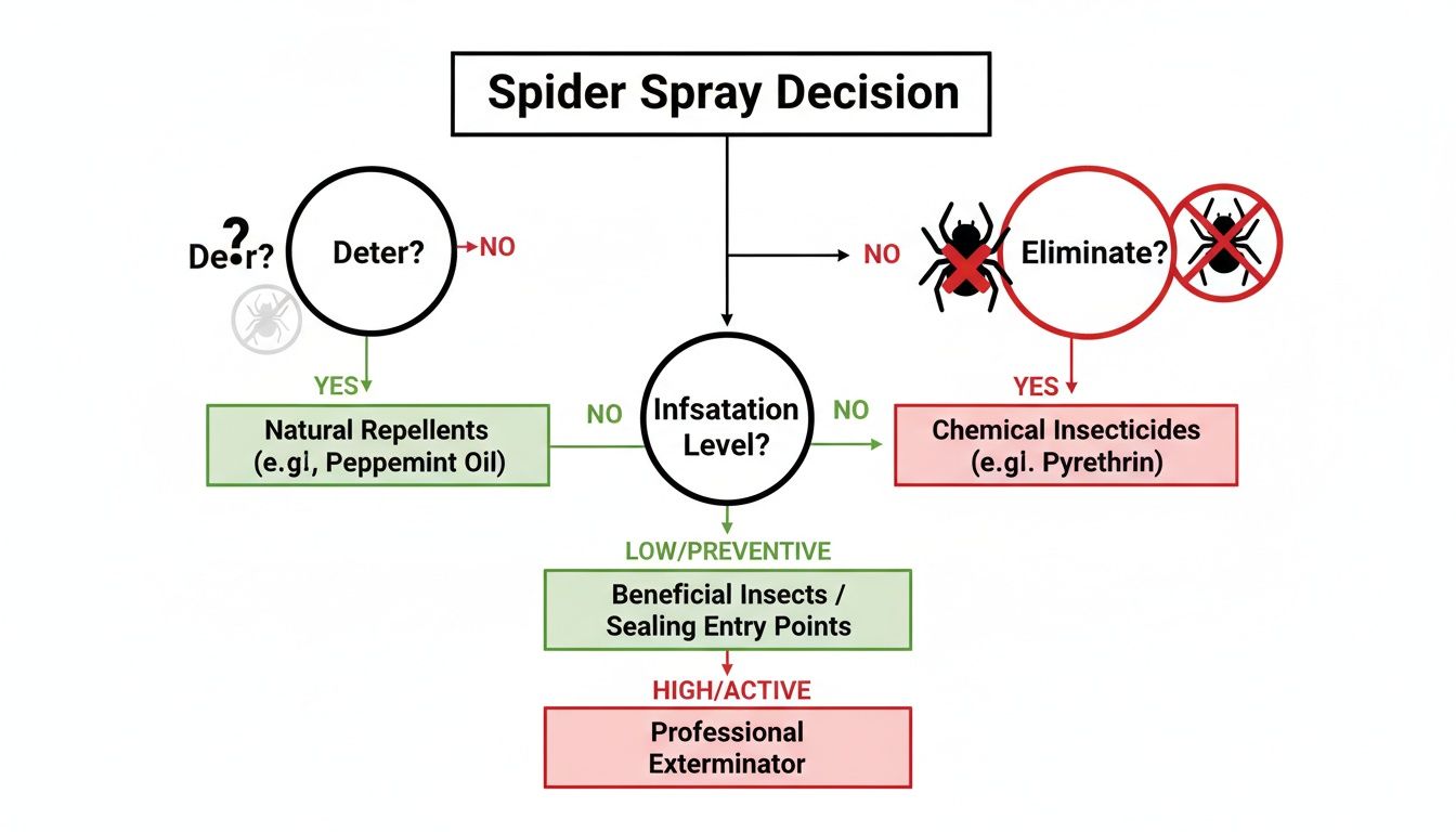 Decision flowchart for spider spray, outlining deterring, elimination, and infestation levels.