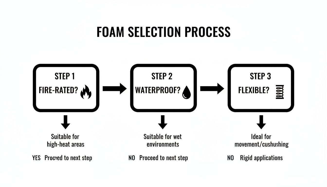 A flowchart illustrating a foam selection process based on fire-rating, waterproofing, and flexibility criteria.