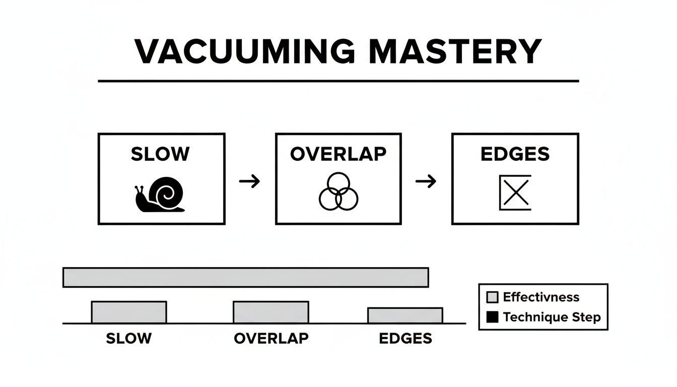 Diagram illustrating vacuuming mastery with three steps: slow, overlap, and edges, showing their effectiveness.