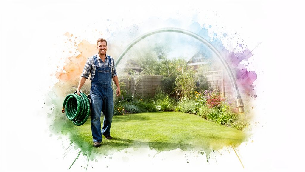 A smiling man in blue overalls holds a coiled green garden hose in a lush garden.
