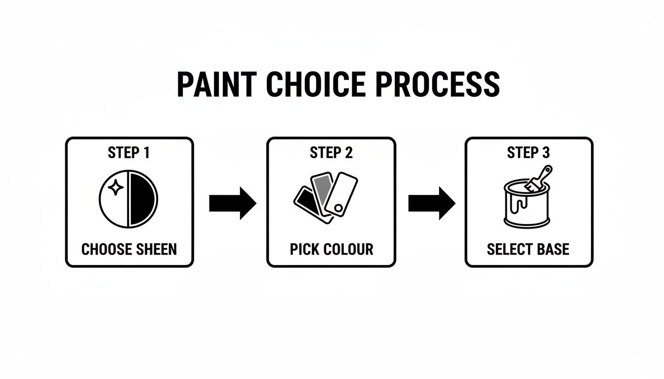An infographic illustrating the three-step paint choice process: choose sheen, pick color, and select base.
