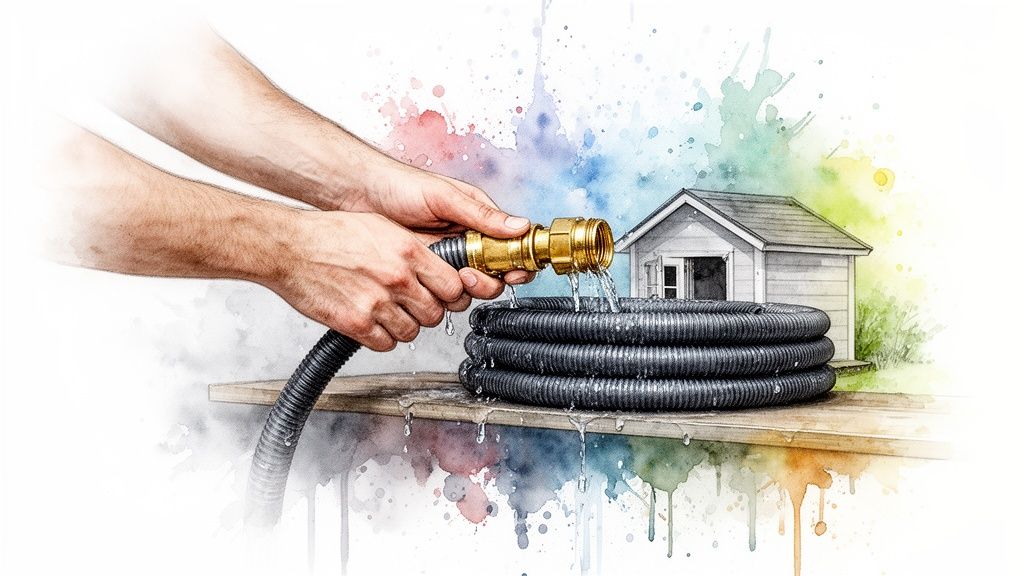 Hands connecting a brass fitting to a black hose, water leaking onto coiled hose and wooden surface near a shed.