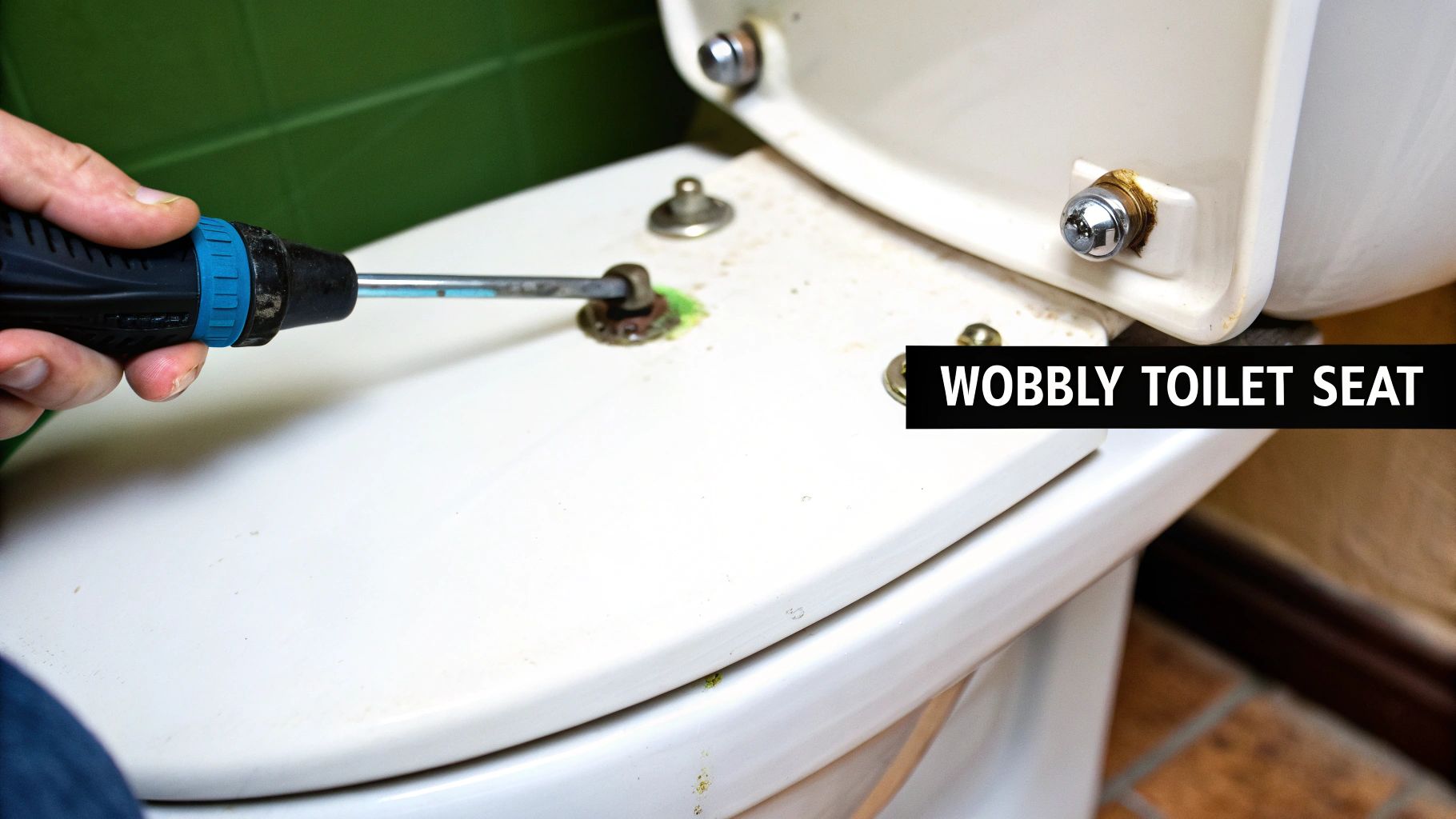 A person uses a screwdriver to tighten a wobbly toilet seat hinge, indicating repair work.