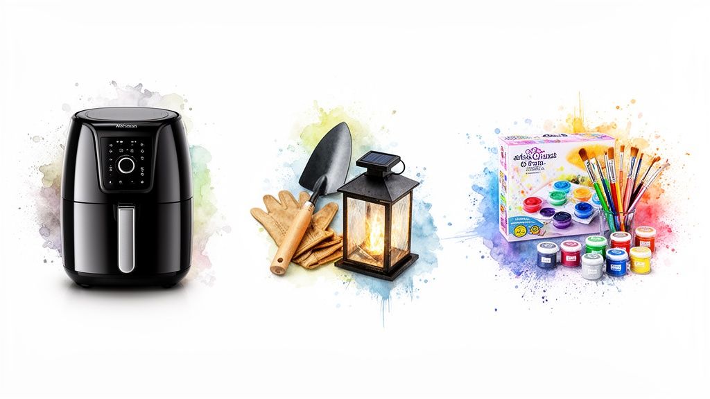 A black air fryer, gardening tools with a solar lantern, and an art kit with paints and brushes.