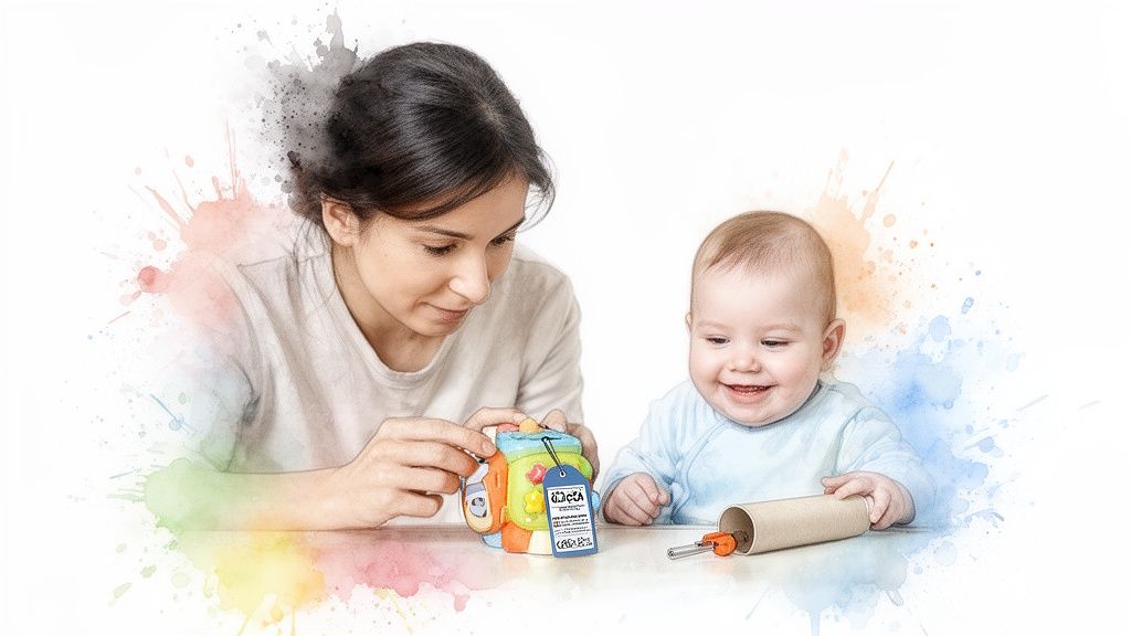 A mother and happy baby playing with colorful shape sorter toy and keys in a tube.