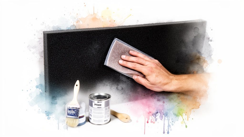 Hand sanding a large block of black expanding foam with sandpaper, next to a primer can and brush.