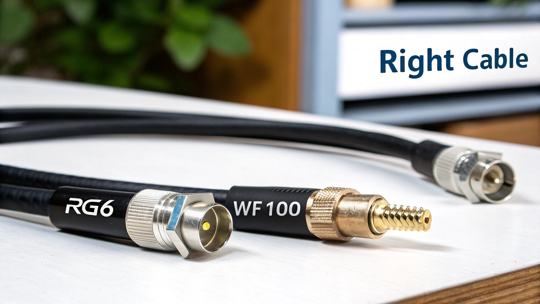Two black coaxial cables with different silver and gold connectors, labeled RG6 and WF100.