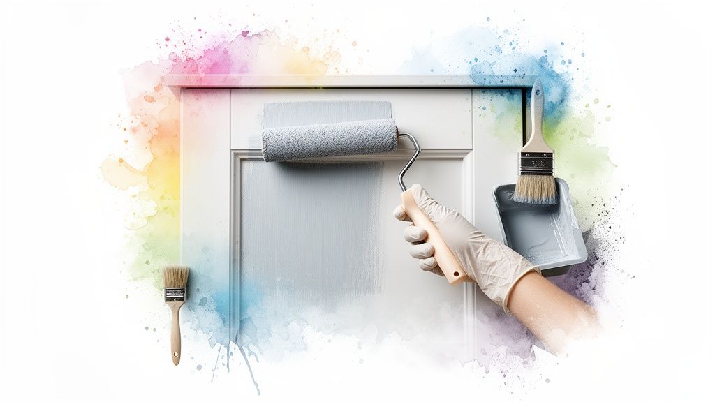 Close-up of a person in a glove painting a white kitchen cabinet light gray with a roller, surrounded by vibrant watercolor splatters.