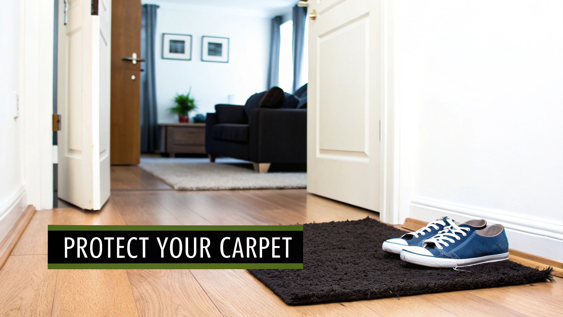 Blue sneakers on a dark mat at a doorway, with a banner stating 'PROTECT YOUR CARPET'.