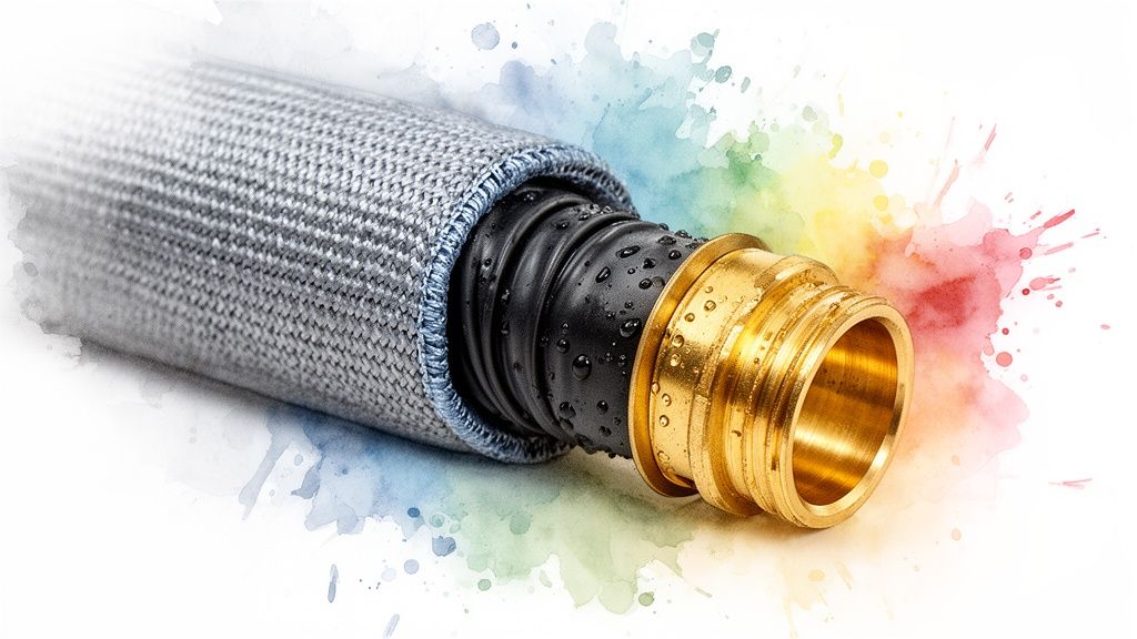 Close-up of a grey expandable garden hose with a wet black core and brass fitting.