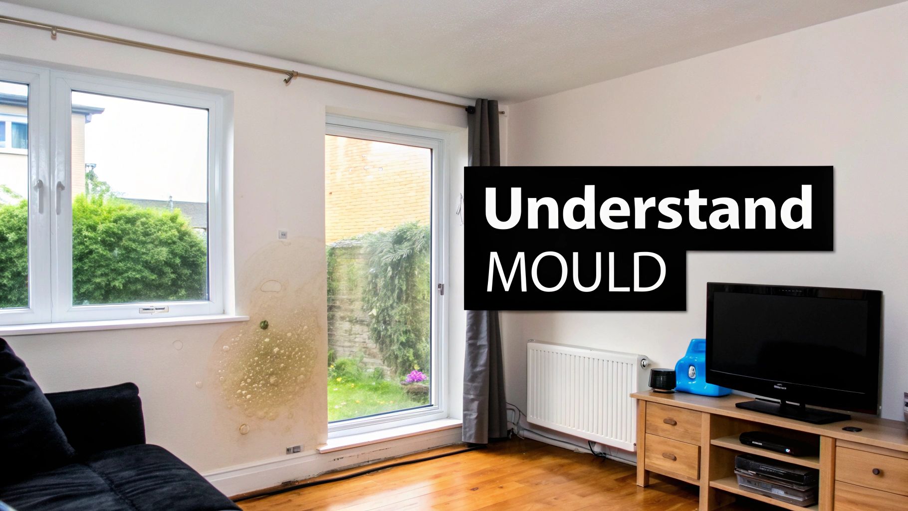 A room with a severe mould problem on the wall next to a window and door, with a TV and sofa.