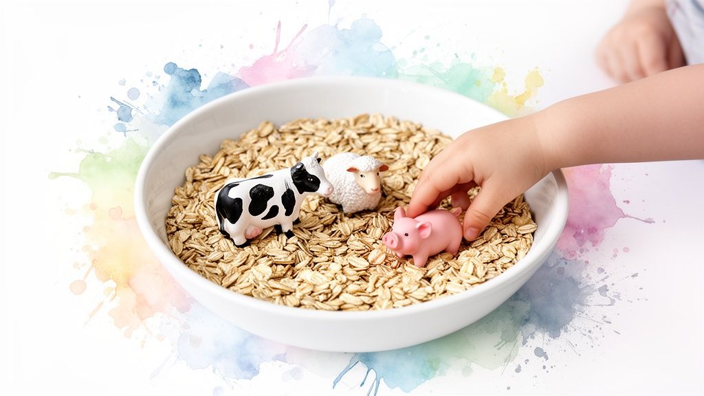 A child's hand plays with toy farm animals (cow, sheep, pig) in a bowl of oatmeal, surrounded by colorful watercolor splashes.