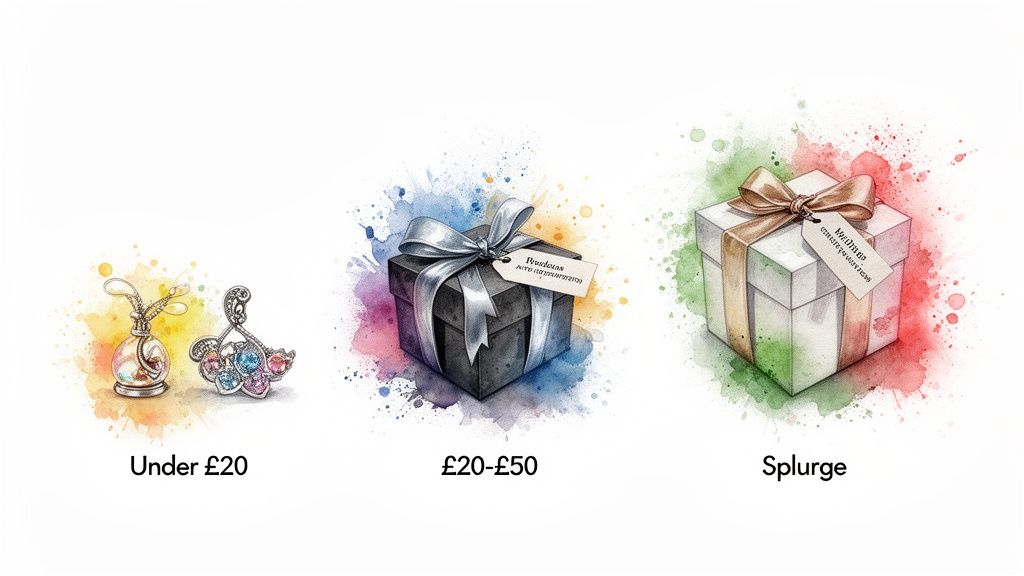 Three watercolor illustrations of birthday gift ideas categorized by price: under £20, £20-£50, and splurge.