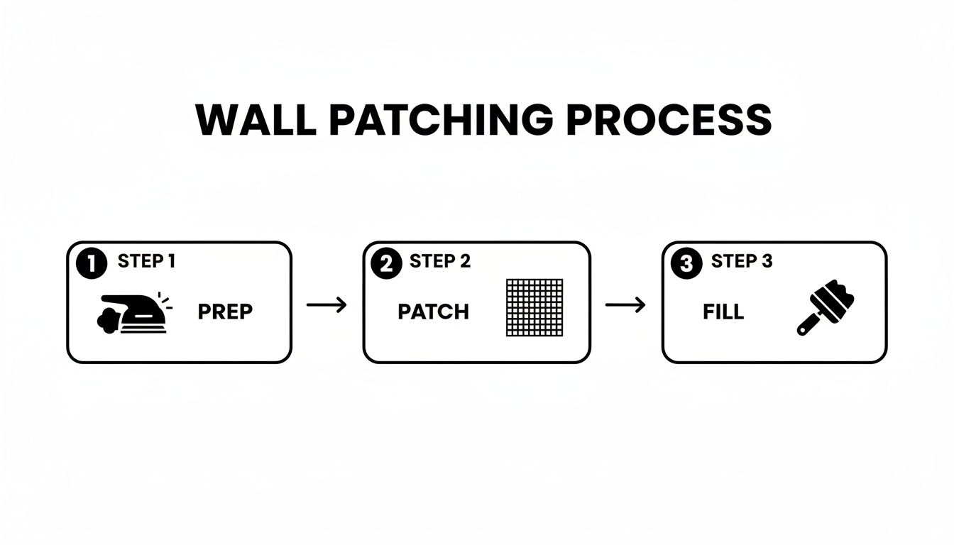 Diagram showing a three-step wall patching process: prep, patch with mesh, and fill with paint.