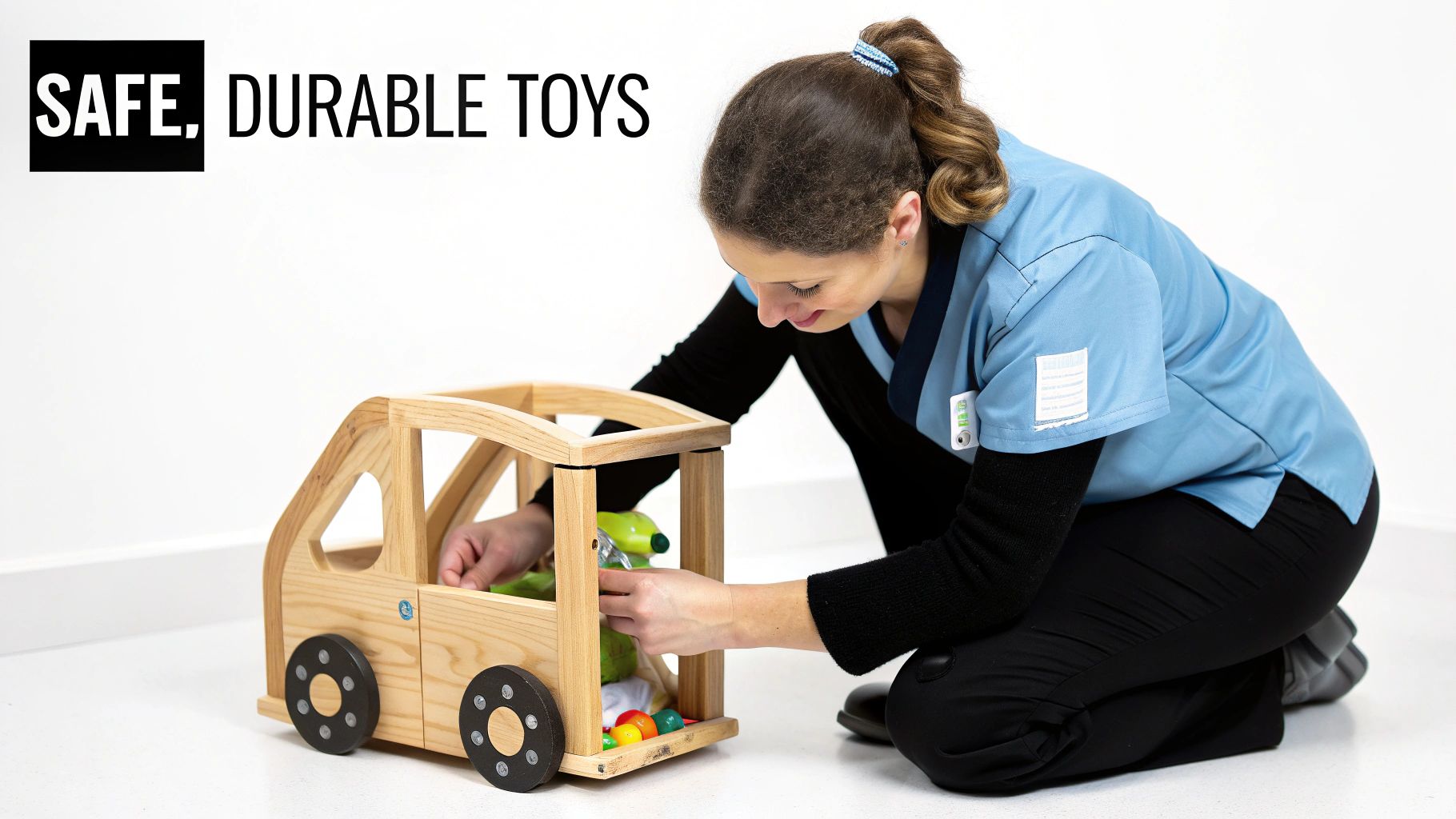 A person in blue scrubs kneels, placing colorful educational toys inside a wooden toy car.