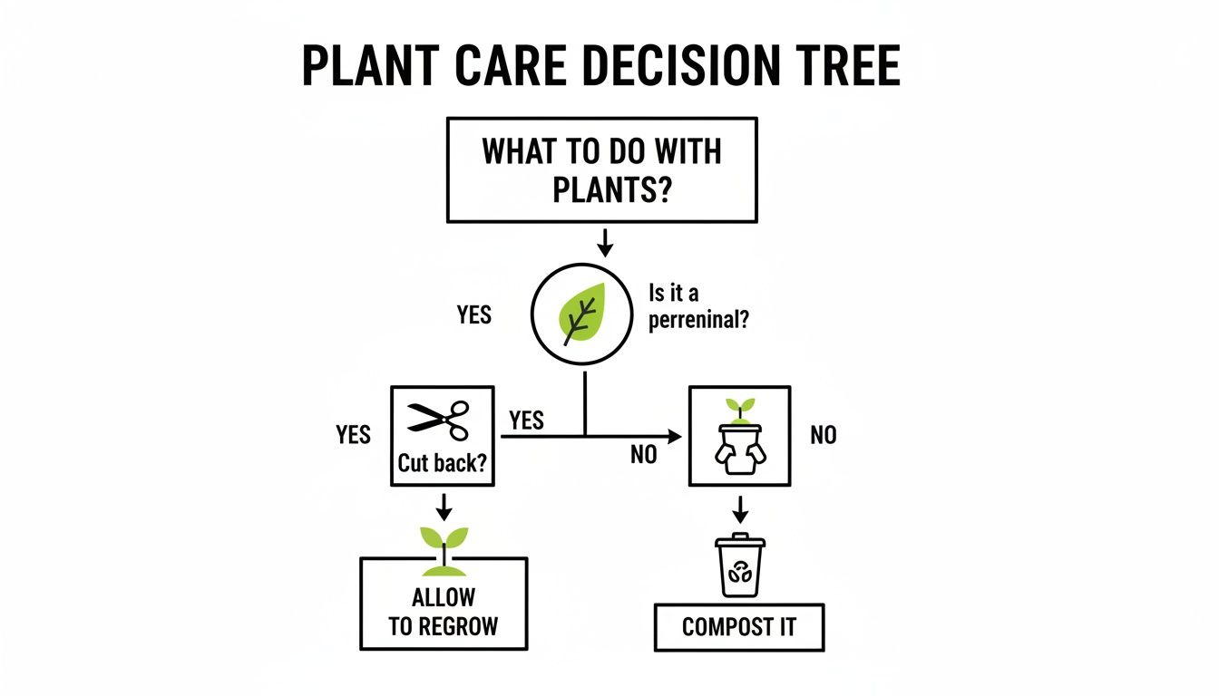Flowchart for plant care, guiding users on whether to cut back perennials for regrowth or compost plants.