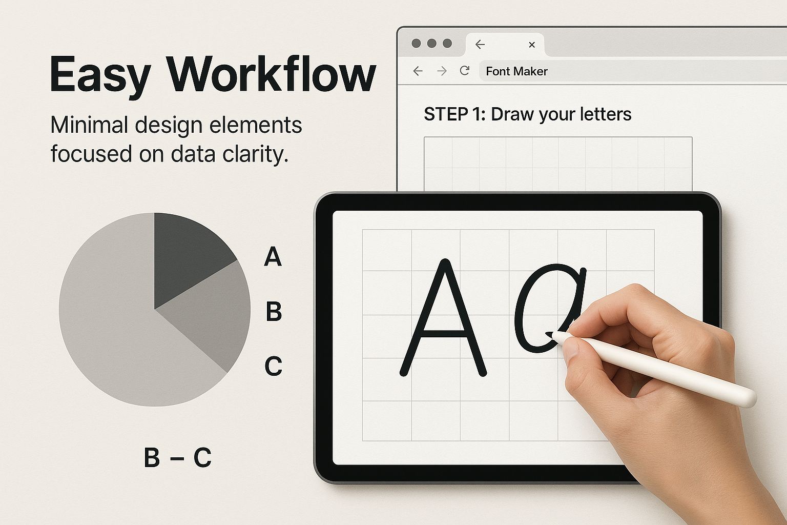 An infographic showing a hand sketching on a hand sketching on a tablet next to a web browser with a font maker interface, with the text 'Easy Workflow' in the corner.