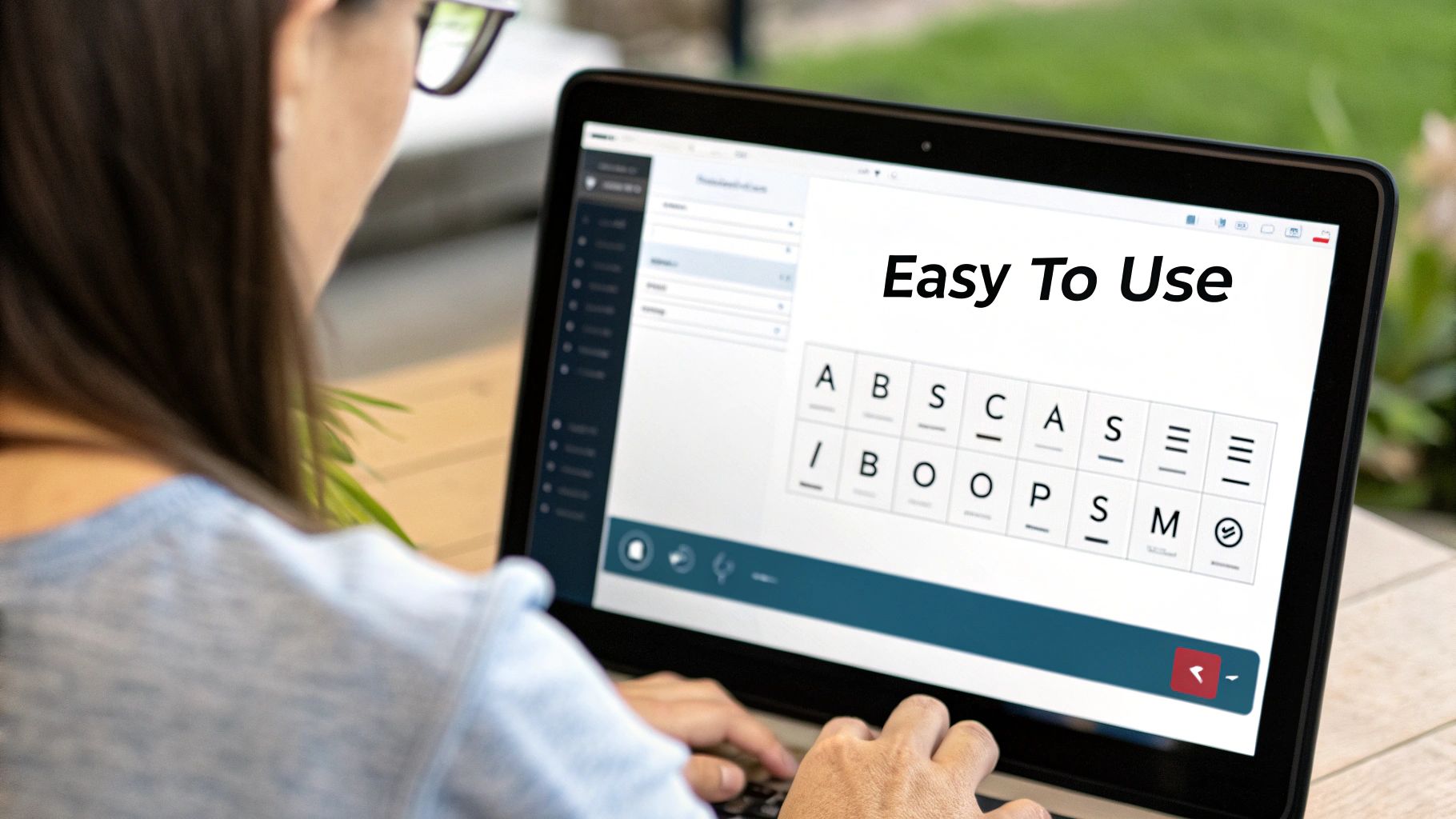 A designer using an AI font generator on a computer screen, with font variations displayed.