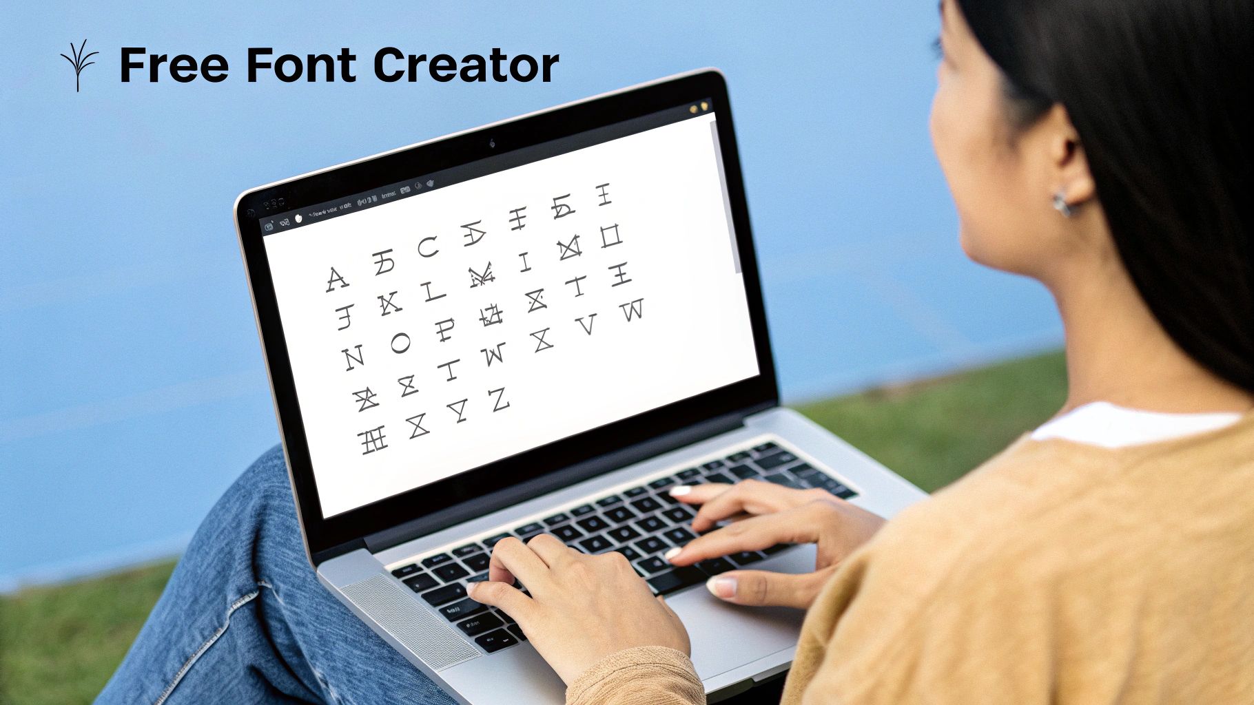 A person's hands drawing letterforms on a digital tablet, demonstrating the font creation process.