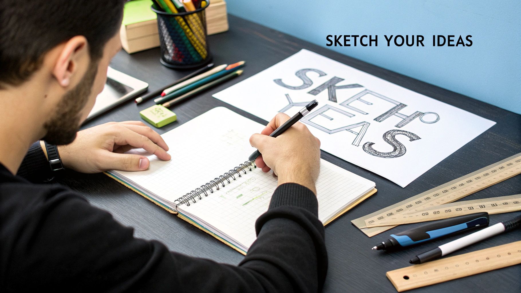 A designer using a stylus on a tablet to create a custom font, with abstract letterforms floating in the background.