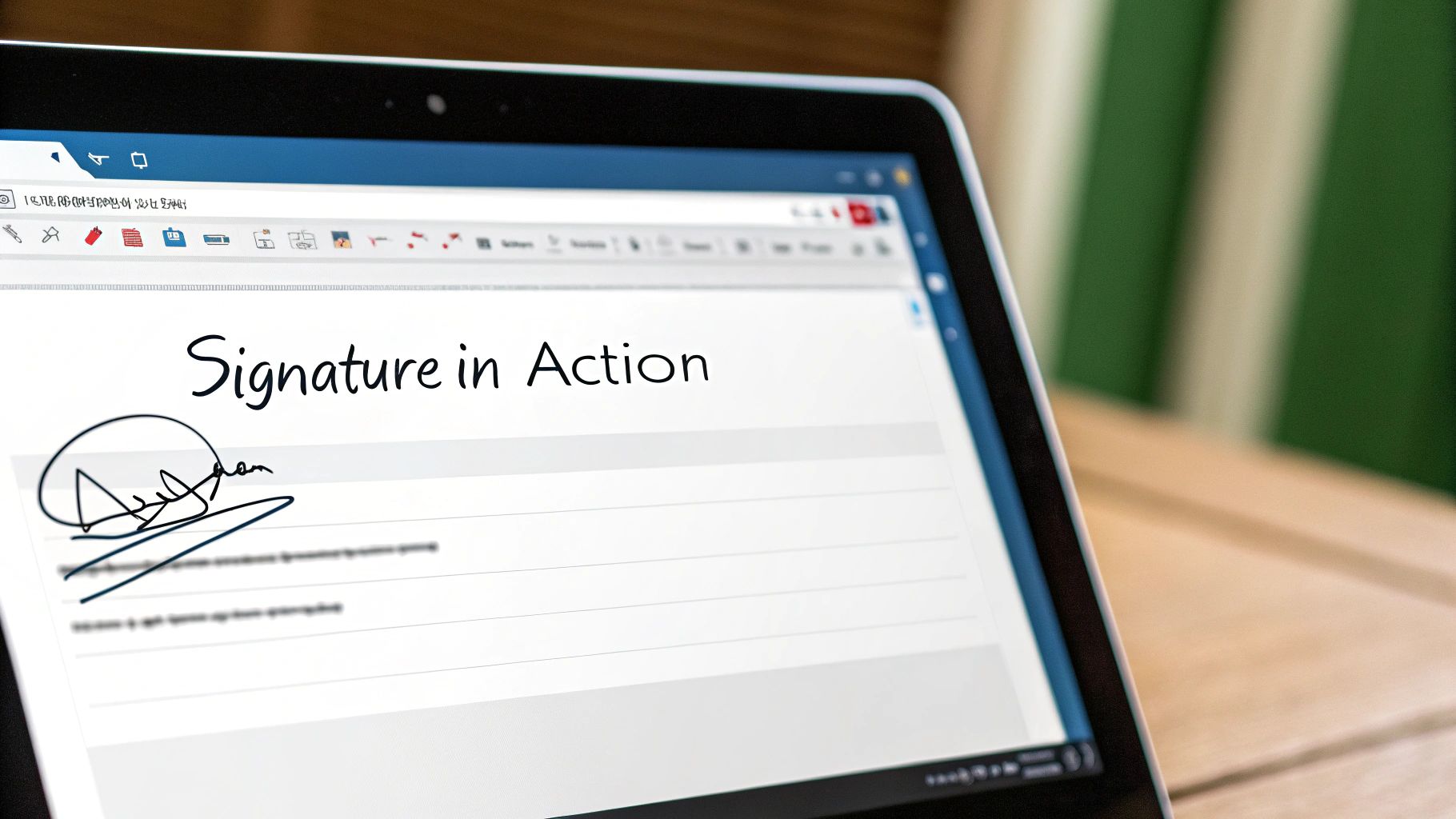 A professional adding their newly created AI signature to a digital document on a tablet.