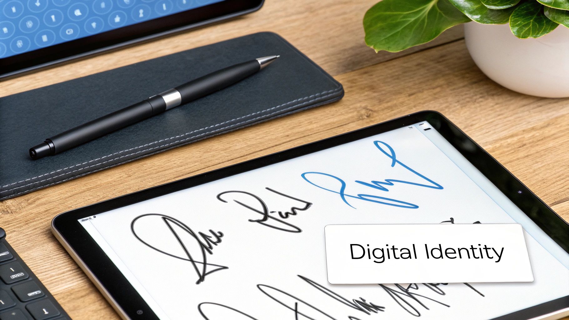 A digital signature being drawn on a sleek tablet device, with glowing lines representing the AI analysis process happening in the background.
