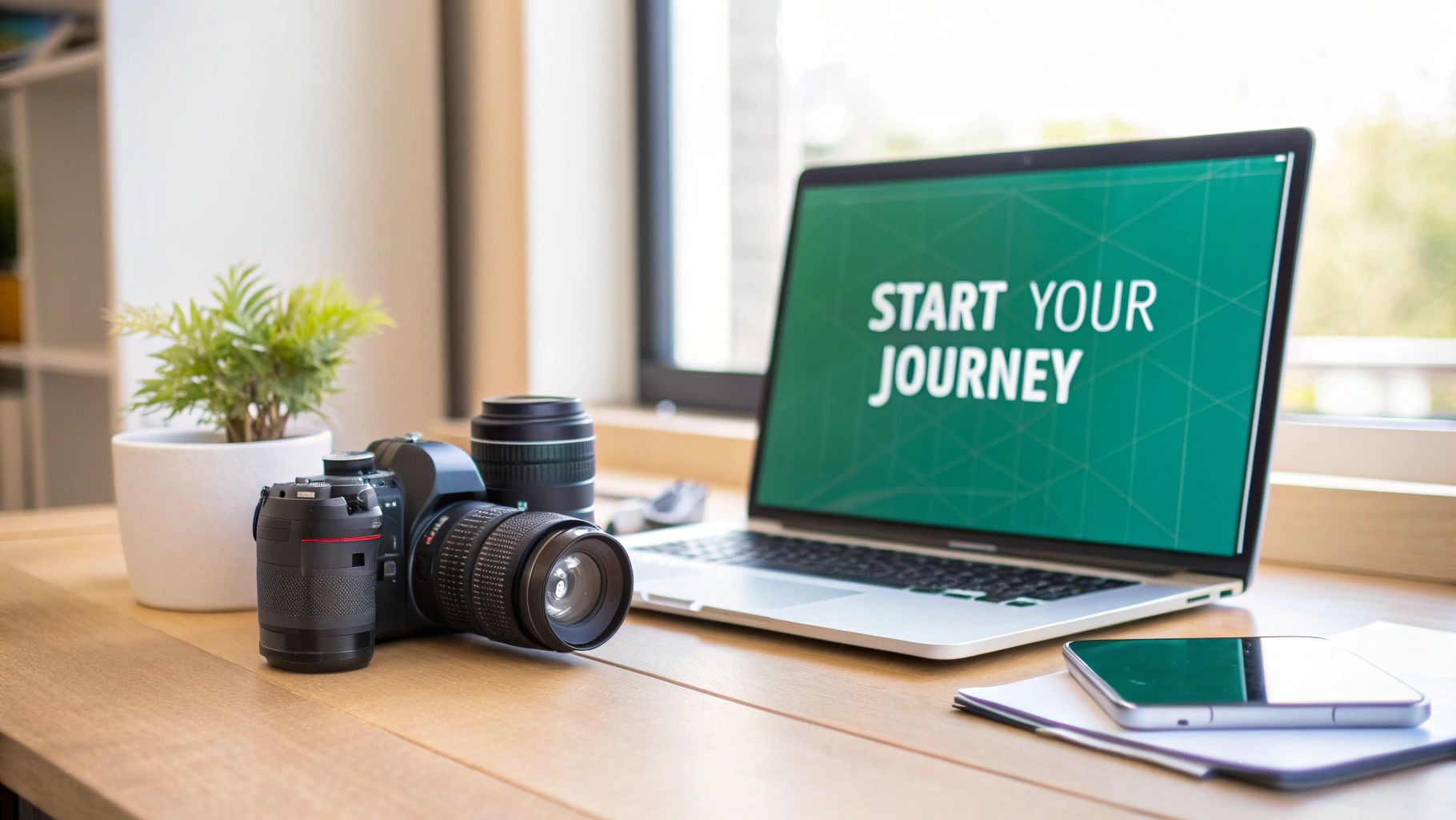 A photography workspace with a DSLR camera, lenses, laptop displaying 'START YOUR JOURNEY', plant, and smartphone.
