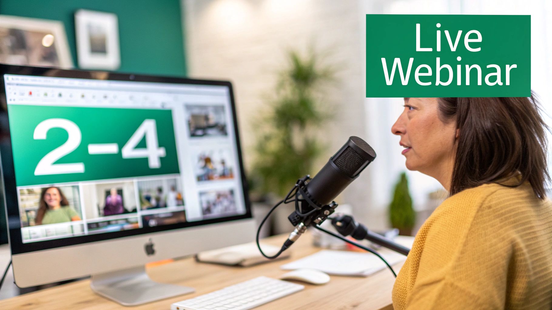 A woman hosts a live webinar, speaking into a microphone with a computer screen showing participants.