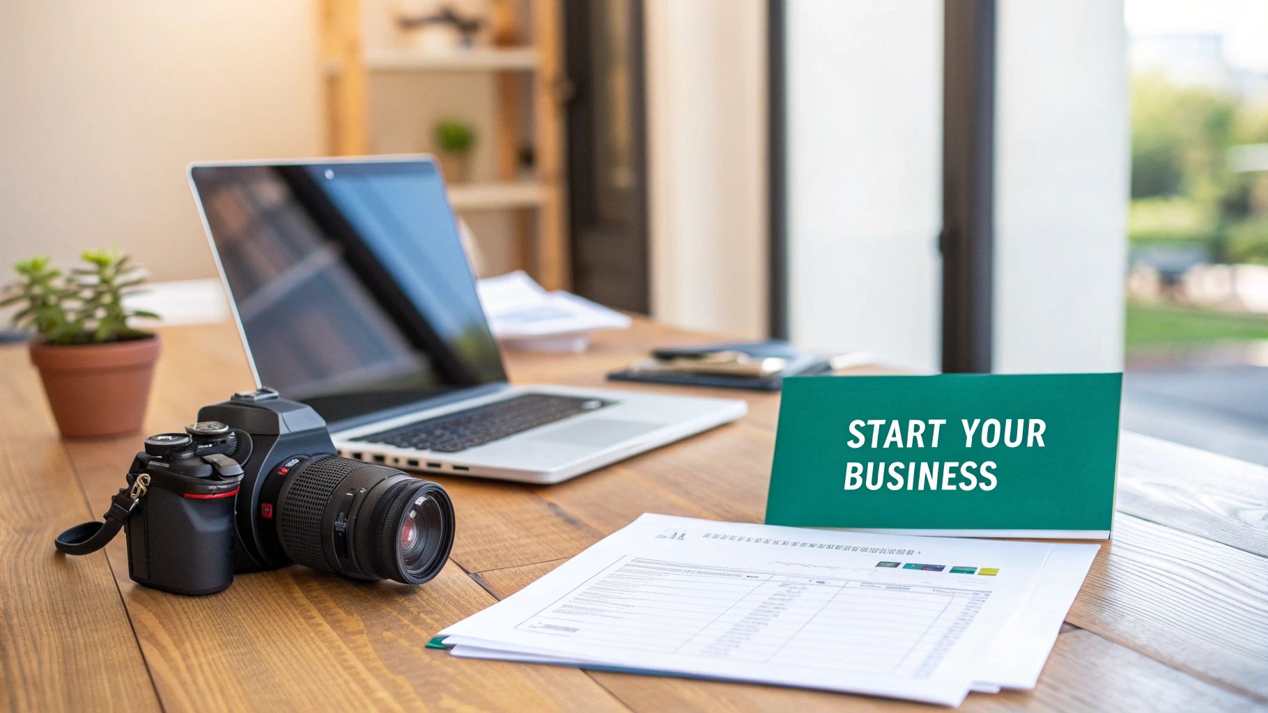 A camera, laptop, and documents on a wooden desk with a 'Start Your Business' sign, promoting entrepreneurship.