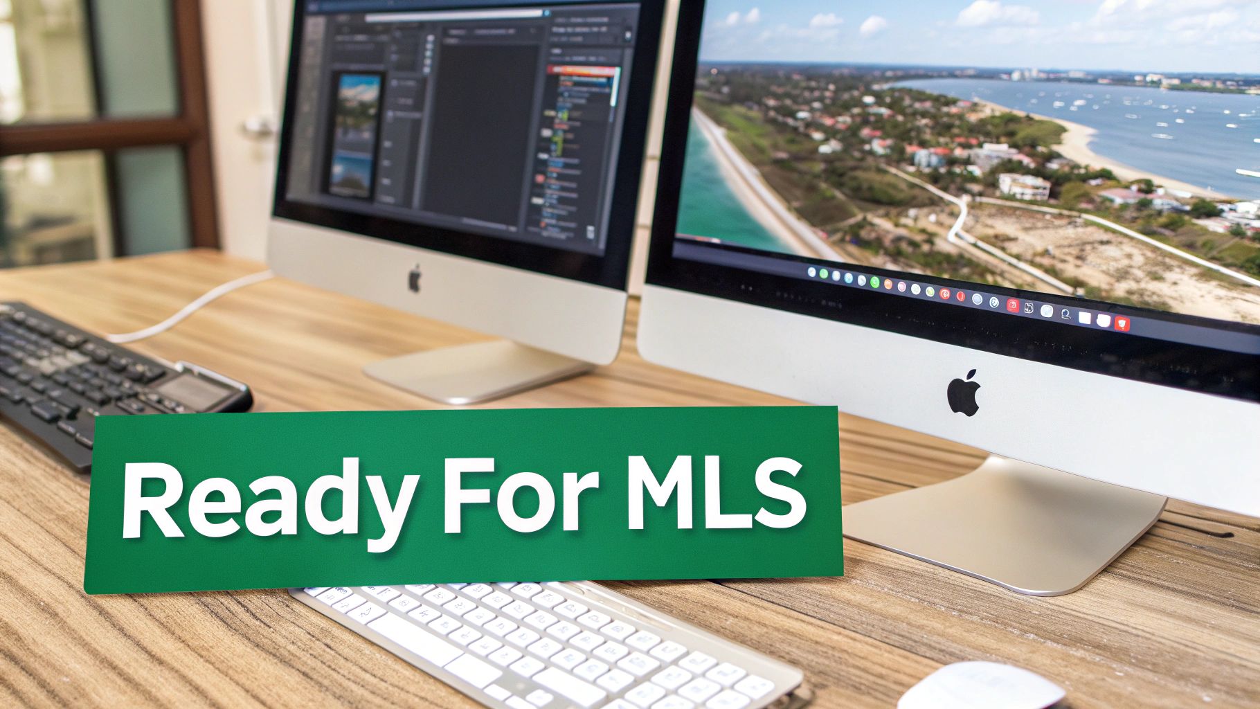 Two iMac computers on a wooden desk with photo editing software and an aerial real estate photo, featuring a 'Ready For MLS' sign.