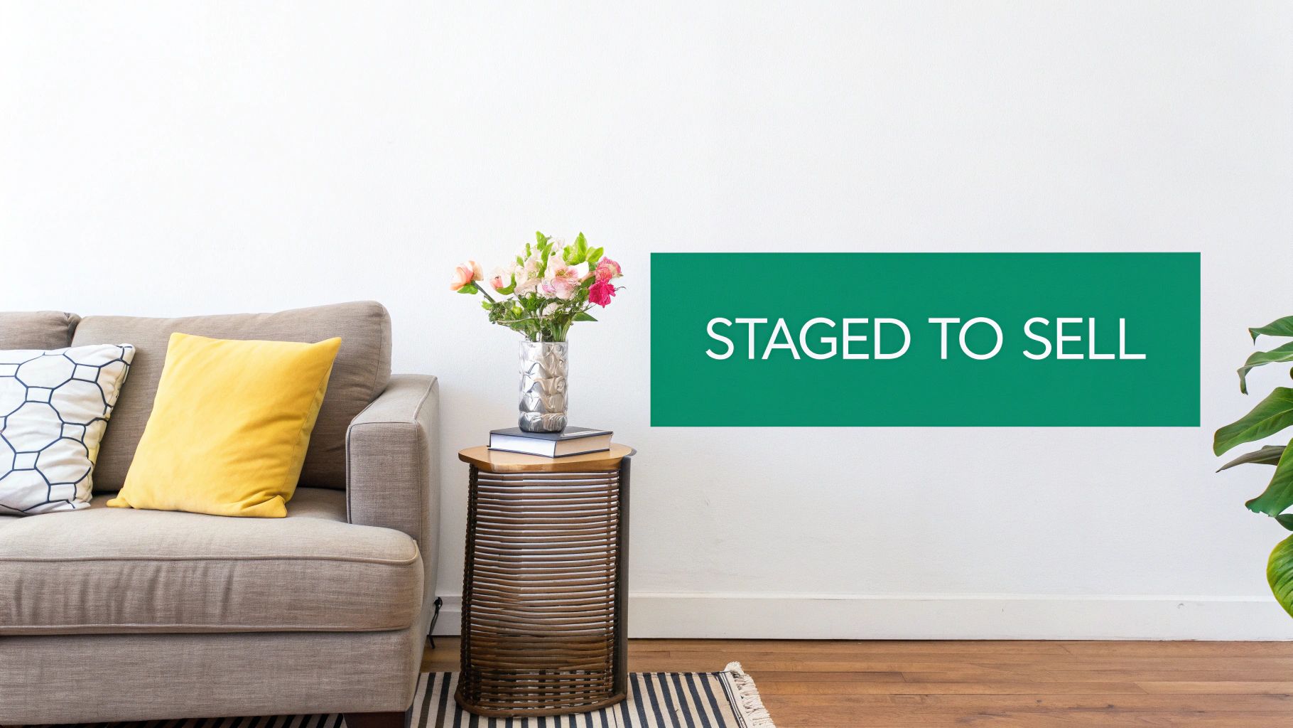 A living room with a beige couch, decorative pillows, a side table with flowers, and a 'STAGED TO SELL' sign.