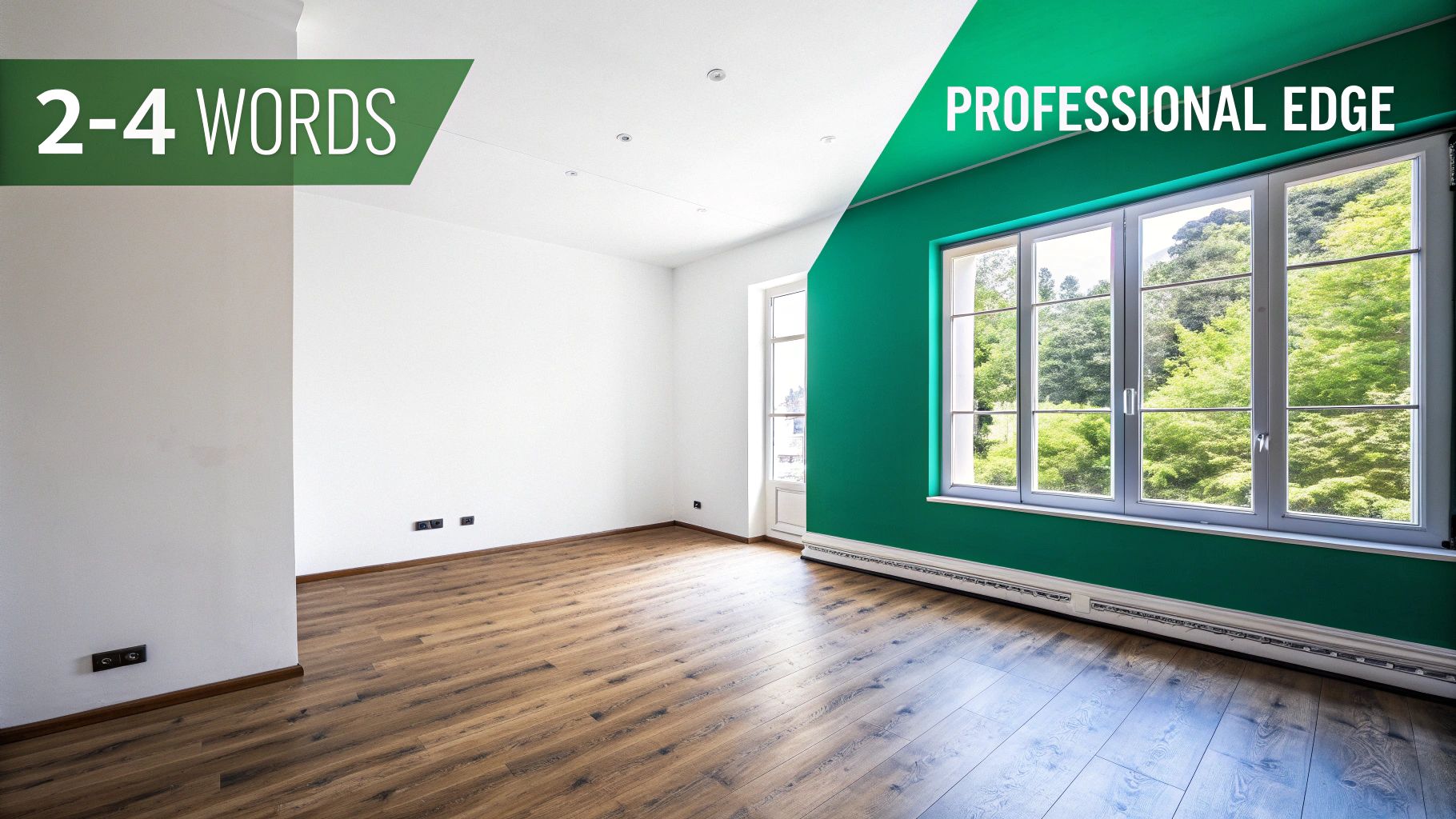 An empty room split, contrasting white walls with a vibrant green wall and windows, showcasing professional results.