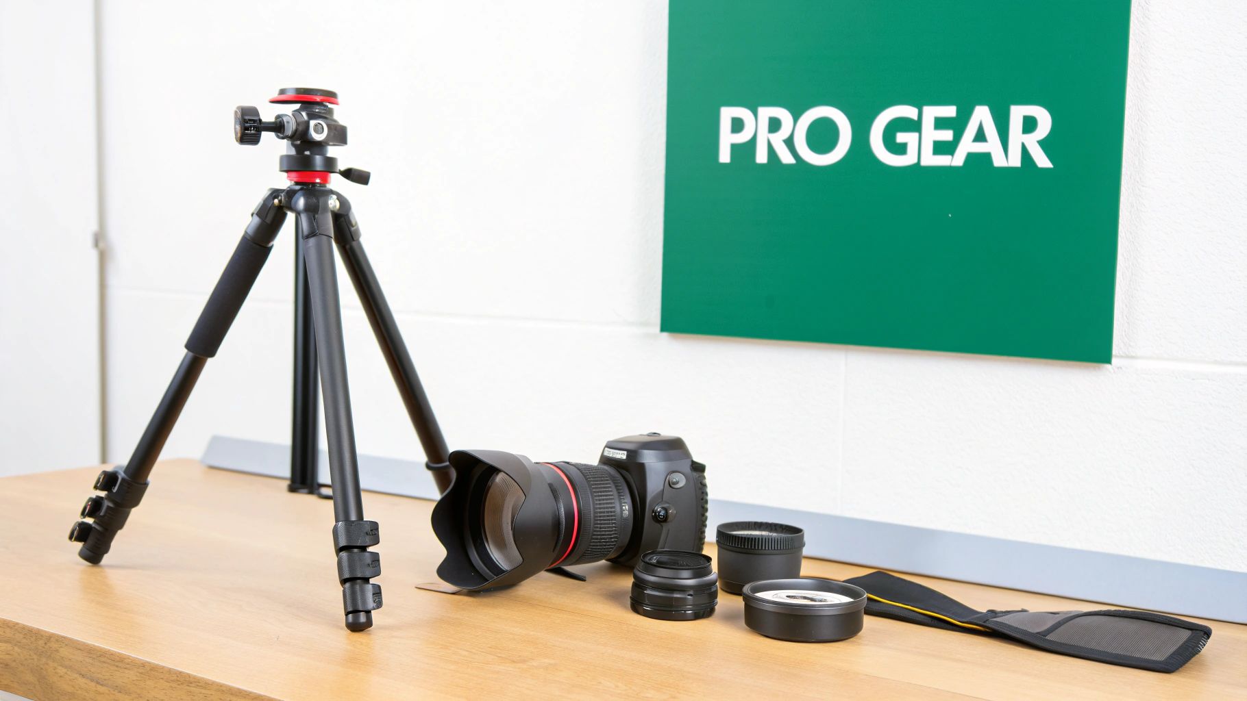 A black tripod and DSLR camera with lens and various photography accessories on a wooden surface.