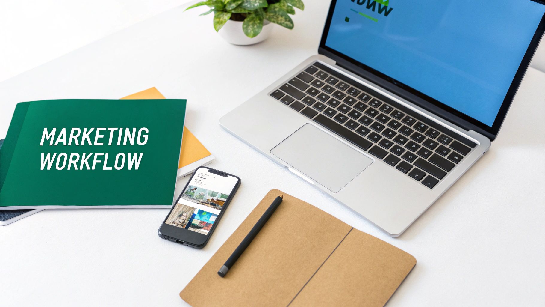 A clean white desk with a laptop, smartphone, marketing workflow notebook, and plant, showing a productive workspace.